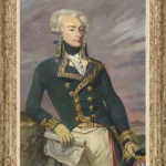 Portrait peint du marquis de La Fayette en uniforme de lieutenant général, tenant un plan de bataille sur fond de ciel crépusculaire.