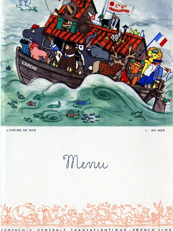 Illustrateur : Édouard Collin. Imprimerie Transatlantique. Collection Saint-Nazaire Agglomération Tourisme – Écomusée. Menu pour enfant du paquebot Liberté (1950) illustré par Édouard Collin.