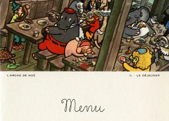 Illustrateur : Édouard Collin. Imprimerie Transatlantique. Collection Saint-Nazaire Agglomération Tourisme – Écomusée. Menu pour enfant du paquebot Liberté (1950) illustré par Édouard Collin.