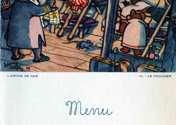 Illustrateur : Édouard Collin. Imprimerie Transatlantique. Collection Saint-Nazaire Agglomération Tourisme – Écomusée. Menu pour enfant du paquebot Liberté (1950) illustré par Édouard Collin.