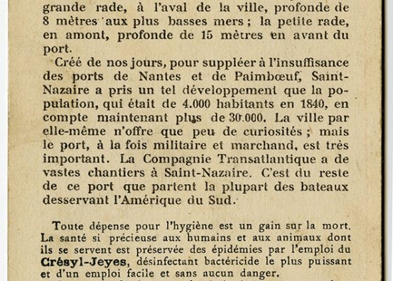 Verso d'un bon-point issu de la collection "Littoral et îles de la France" avec un texte sur Saint-Nazaire.