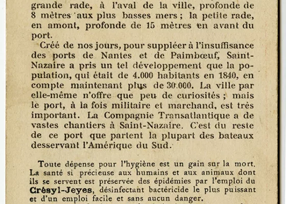 Imprimeur inconnu. Collection Saint-Nazaire Agglomération Tourisme - Écomusée. Verso d'un bon-point issu de la collection "Littoral et îles de la France" avec un texte sur Saint-Nazaire.
