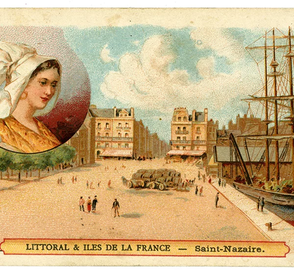 Illustrateur inconnu. Imprimeur inconnu. Collection Saint-Nazaire Agglomération Tourisme - Écomusée. Bon-point représentant la place de la Marine à Saint-Nazaire avant le creusement de l'entrée sud.