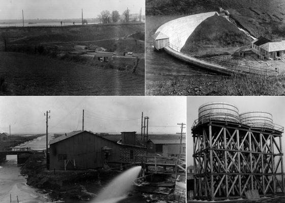 Vues de l'étang du bois Joalland à Saint-Nazaire, du lac de Savenay, de la station de pompage du Brivet et d'un château d'eau aménagés par les Américains pendant la Première Guerre mondiale.