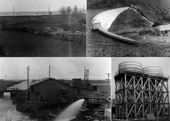 Vues de l'étang du bois Joalland à Saint-Nazaire, du lac de Savenay, de la station de pompage du Brivet et d'un château d'eau aménagés par les Américains pendant la Première Guerre mondiale.