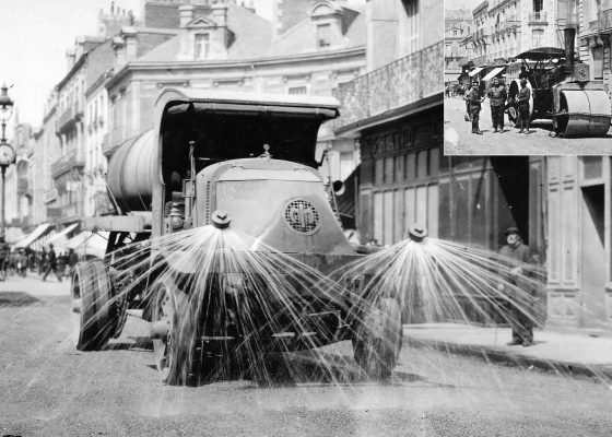 Travaux de voiries réalisés par les soldats américains dans la rue de l'Océan, actuelle rue Vincent Auriol à Saint-Nazaire pendant la Première Guerre mondiale.