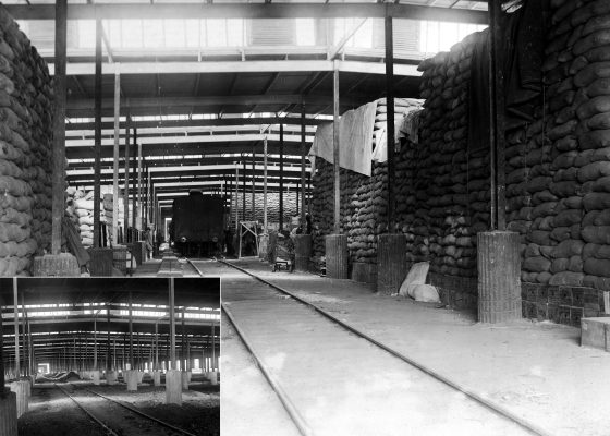 Diptyque représentant l'intérieur vide et plein d'un entrepôt américain à Montoir-de-Bretagne.