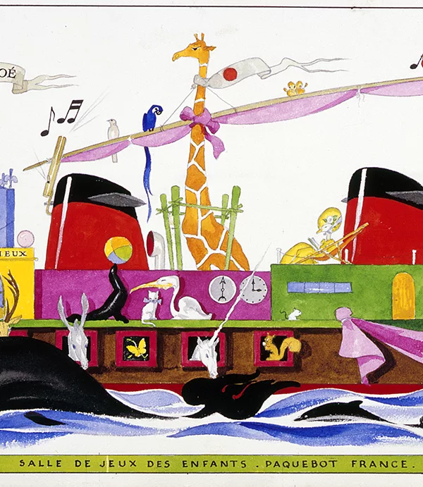 Illustrateur : Jean-Adrien Mercier © ADAGP, Paris 2024. Collection Saint-Nazaire Agglomération Tourisme – Écomusée. Cliché : Jean-Claude Lemée. Étude préparatoire de L'Arche de Noé pour la salle de jeux enfants de la classe touriste du paquebot France (1962). Arts décoratifs.