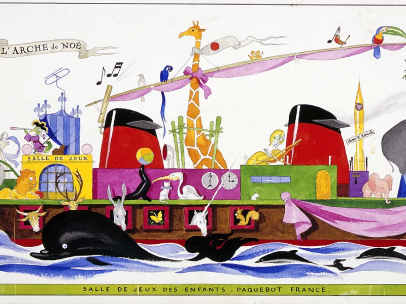 Illustrateur : Jean-Adrien Mercier © ADAGP, Paris 2024. Collection Saint-Nazaire Agglomération Tourisme – Écomusée. Cliché : Jean-Claude Lemée. Étude préparatoire de L'Arche de Noé pour la salle de jeux enfants de la classe touriste du paquebot France (1962). Arts décoratifs.