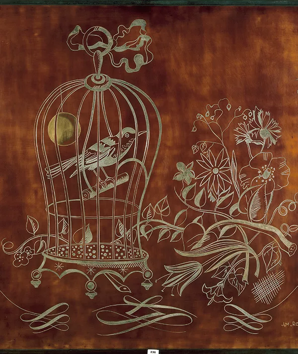Artistes : Jean-Maurice Rothschild, Paul-Étienne Saïn. Collection Saint-Nazaire Agglomération Tourisme – Écomusée. Cliché : Jean-Claude Lemée. Étude pour une œuvre décorative en laque pour une cabine première classe du paquebot Normandie (1935) représentant un oiseau en cage.