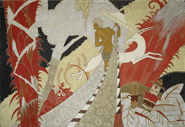 Étude pour une œuvre décorative en laque d'un appartement de grand luxe du paquebot L’Atlantique (1931) représentant un homme et une antilope dans une jungle.