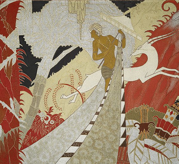 Étude pour une œuvre décorative en laque d'un appartement de grand luxe du paquebot L’Atlantique (1931) représentant un homme et une antilope dans une jungle.