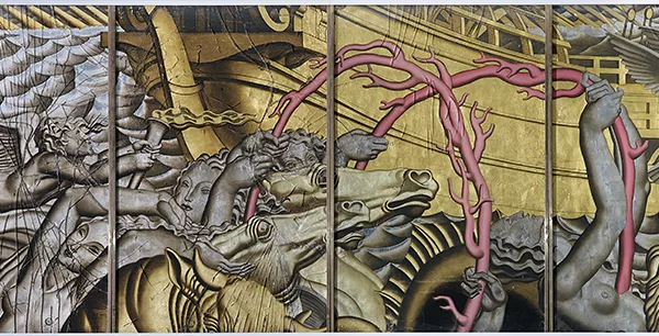© ADAGP, Paris 2024. Artistes : Jean Dupas et Jaques-Charles Champigneulle. Collection Saint-Nazaire Agglomération Tourisme – Écomusée. Cliché : Jean-Claude Lemée. Ensemble de quatre panneaux de verre qui décorait le grand salon du paquebot Normandie représentant L'Enlèvement d'Europe par Jean Dupas.