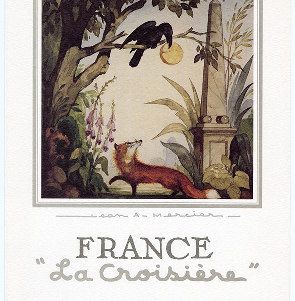 Réédition d'un menu de 1962 illustré par Jean-Adrien Mercier sur le thème de la fable " Le corbeau et le renard" de La Fontaine à l'occasion de la croisière France de 1990 sur le paquebot Norway.