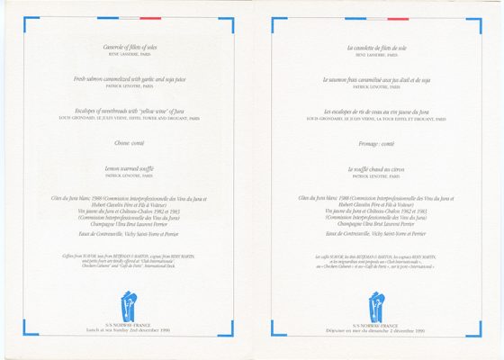 Réédition d'un menu de 1962 illustré par Jean-Adrien Mercier pour le déjeuner en mer du 02 décembre 1990 à l'occasion de la croisière France sur le paquebot Norway.