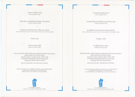 Éditeur original : Compagnie Générale Transatlantique. Collection Saint-Nazaire Agglomération Tourisme – Écomusée. Réédition d'un menu de 1962 illustré par Jean-Adrien Mercier pour le déjeuner en mer du 02 décembre 1990 à l'occasion de la croisière France sur le paquebot Norway.