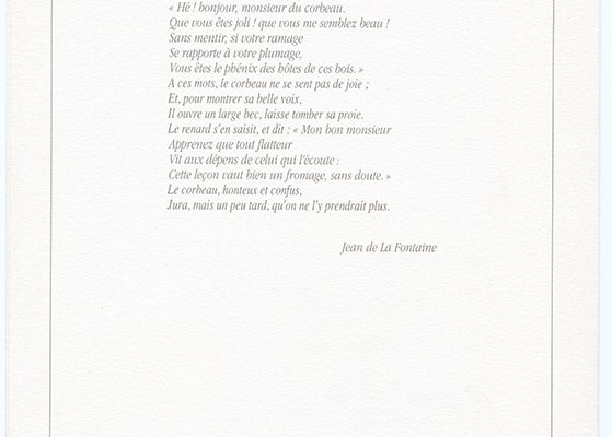 Réédition d'un menu de 1962 illustré par Jean-Adrien Mercier avec le texte de la fable "Le corbeau et le renard" de La Fontaine à l'occasion de la croisière France de 1990 sur le paquebot Norway.