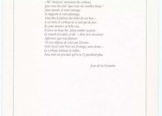 Éditeur original : Compagnie Générale Transatlantique. Collection Saint-Nazaire Agglomération Tourisme – Écomusée. Réédition d'un menu de 1962 illustré par Jean-Adrien Mercier avec le texte de la fable "Le corbeau et le renard" de La Fontaine à l'occasion de la croisière France de 1990 sur le paquebot Norway.