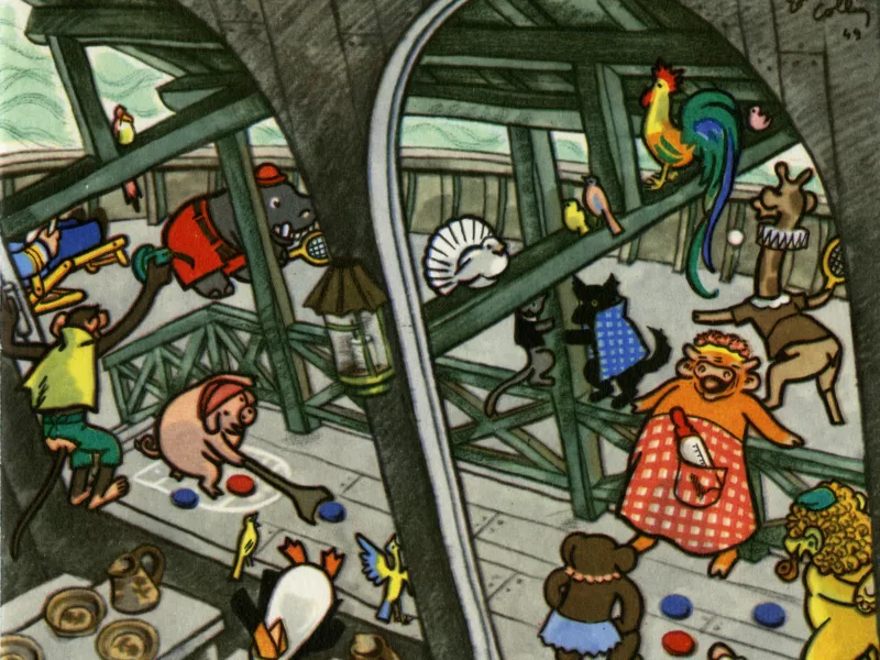 Détail. Illustrateur : Édouard Collin. Imprimerie Transatlantique. Collection Saint-Nazaire Agglomération Tourisme – Écomusée. Illustration de menu représentant des animaux en train de jouer sur le pont d'un navire.