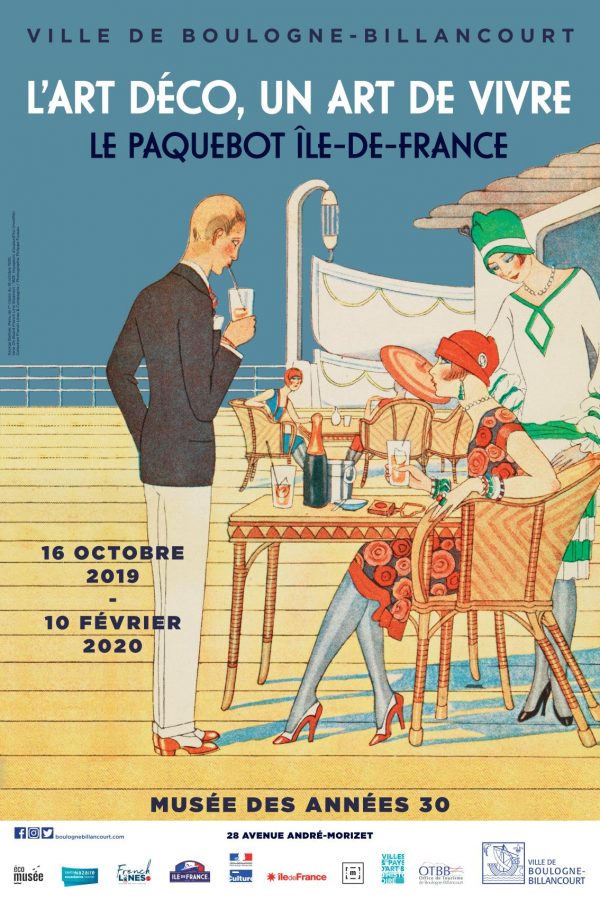 Affiche de l'exposition "L’Art déco, un art de vivre : le paquebot Ile-de-France" représentant un dessin de deux femmes et un homme sur le pont du paquebot.