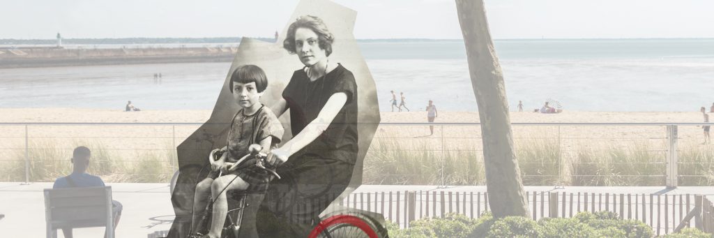 Montage photographique représentant une femme à vélo avec son enfant dans les années 1930 et l'actuel front de mer.