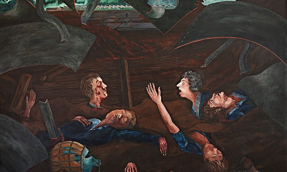 Peintre : Émile Guiot. Collection Saint-Nazaire Agglomération Tourisme - Écomusée Tableau représentant les apprentis de Penhoët ensevelis sous les décombres du bombardement.
