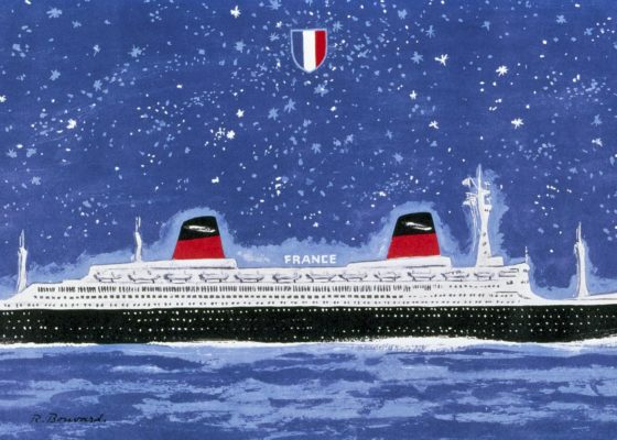 Peinture de René Bouvard représentant le paquebot France en mer la nuit.