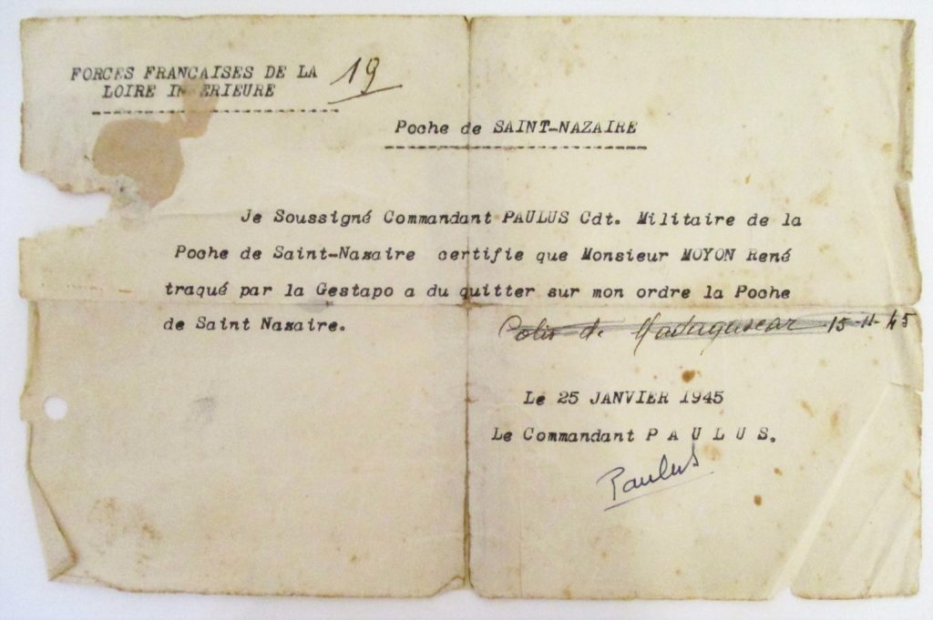 Courrier dactylographié d'un commandant F.F.I. qui donne l'autorisation à un résistant de fuir la Poche.