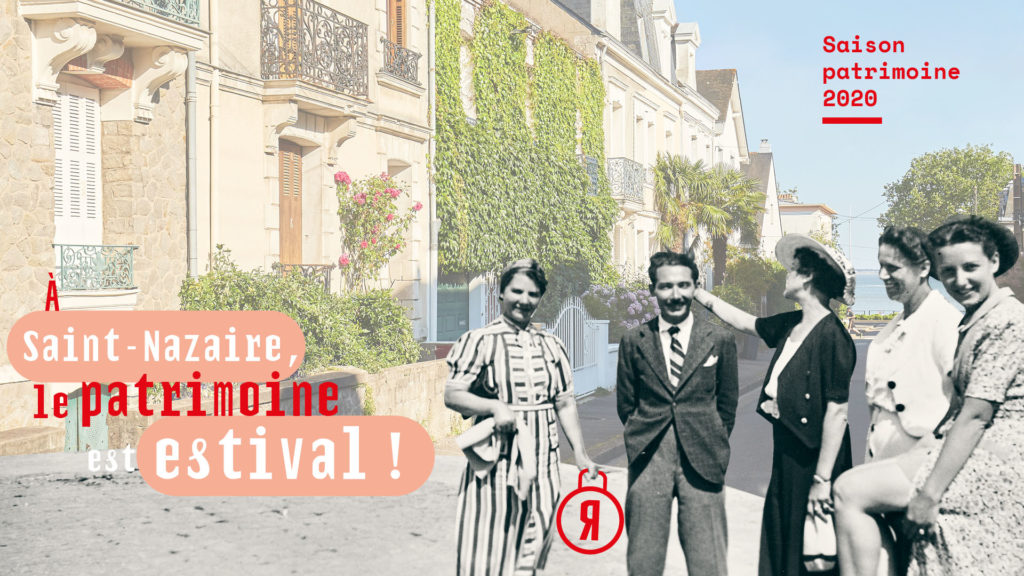 Création graphique : Maelwenn Leduc. (couleur) Photographe Alexandre Lamoureux. (noir et blanc) Photographe inconnu. Collection Saint-Nazaire Agglomération Tourisme-Écomusée Quatre femmes et un homme en noir et blanc nous font face, derrière eux les façades colorées des habitations du quartier de la Havane à Saint-Nazaire. Visuel de la Saison patrimoine de l'été 2020.