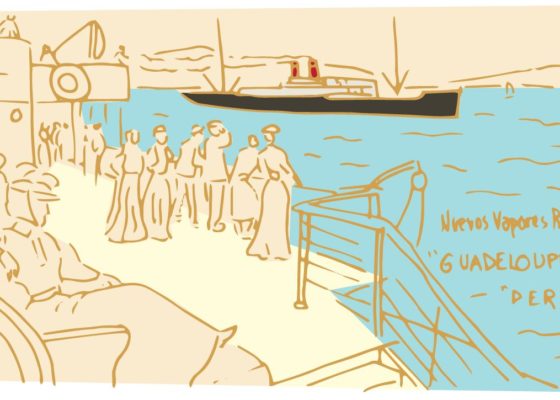 Dessin représentant des passagers sur le pont d'un paquebot vers 1900 regardant passer un autre paquebot.