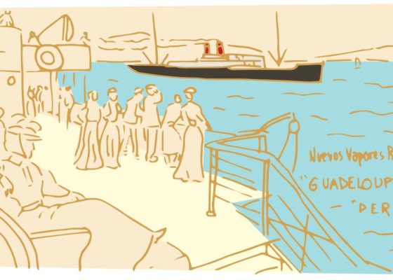 Création Maelwenn Leduc. D’après une affiche de la Compagnie Générale Transatlantique illustrée par Louis Lessieux. Collection Saint-Nazaire Agglomération Tourisme-Écomusée Dessin représentant des passagers sur le pont d'un paquebot vers 1900 regardant passer un autre paquebot.