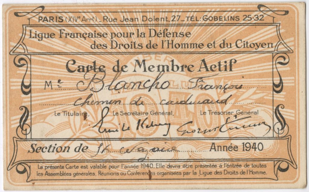 Carte de membre actif de la Ligue Française pour la Défense des Droits de l'Homme et du Citoyen au nom de François Blancho en 1940, l'un des objets étudié par Jeunes en ville sur la solidarité.