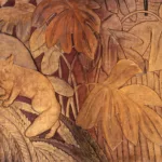 Détail. Auteur : Jean Dunand. Collection Saint-Nazaire Agglomération Tourisme - Écomusée. Cliché Jean-Claude Lemée Détail d'une laque dorée représentant deux renards dans une végétation.