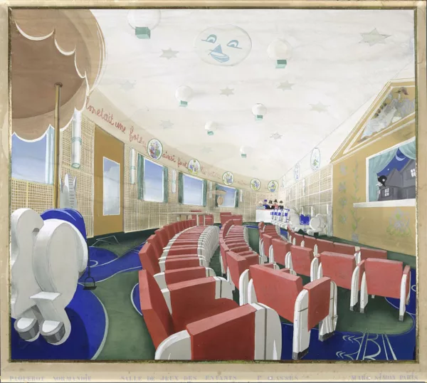 Décorateur : Marc Simon. Peintre : Jacqueline Duché. Collection Saint-Nazaire Agglomération Tourisme - Écomusée. Cliché : Jean-Claude Lemée Projet de décor et de mobilier pour la salle de jeux des enfants de première classe du paquebot Normandie (1935).