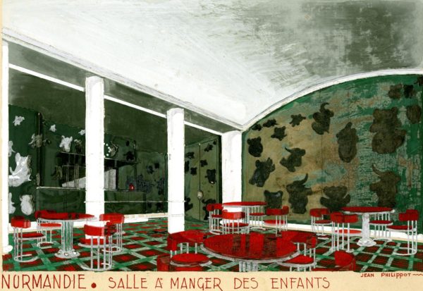 Gouache représentant une salle à manger pour enfants avec des meubles rouges et des murs verts recouverts de Babar et autres éléphants pour le paquebot Normandie.