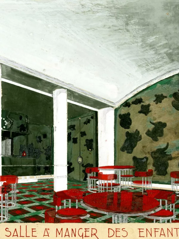 Décorateur : Jean Philippot. Collection Saint-Nazaire Agglomération Tourisme – Écomusée Gouache représentant une salle à manger pour enfants avec des meubles rouges et des murs verts recouverts de Babar et autres éléphants pour le paquebot Normandie.