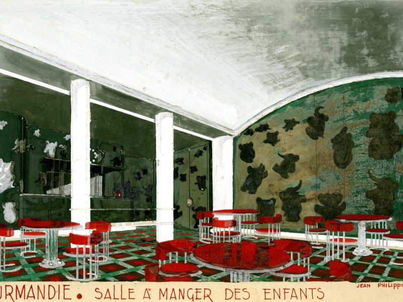 Gouache représentant une salle à manger pour enfants avec des meubles rouges et des murs verts recouverts de Babar et autres éléphants pour le paquebot Normandie.