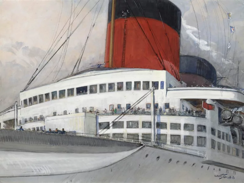 Peintre : Albert Sébille. Collection Saint-Nazaire Agglomération Tourisme - Écomusée Peinture des ponts avant du paquebot Normandie avec les deux premières cheminées rouges.