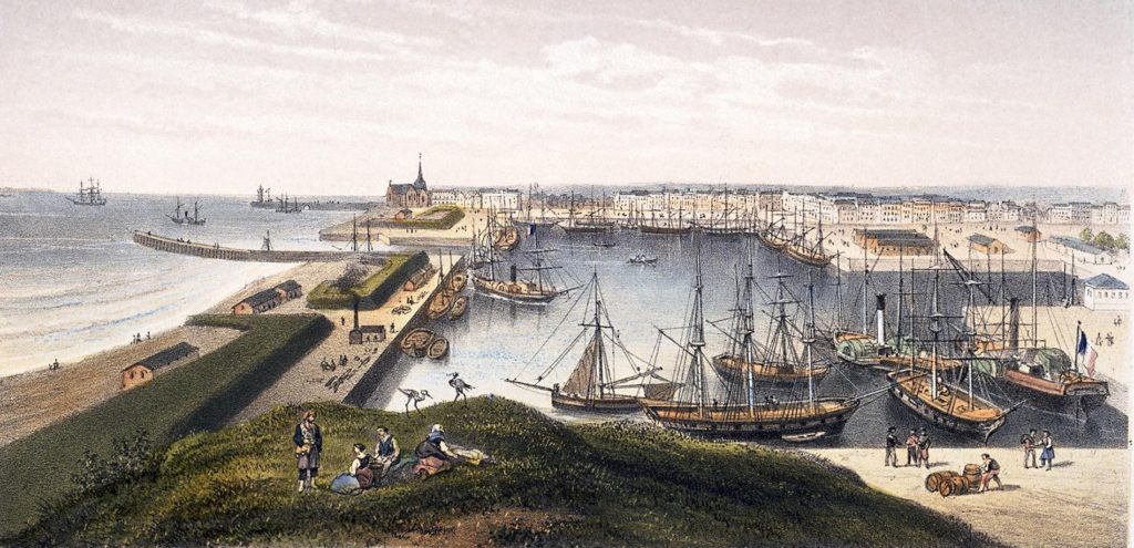 Lithographie en couleur représentant une vue du bassin de Saint-Nazaire avec de nombreux voiliers et navires à aubes vers 1870.