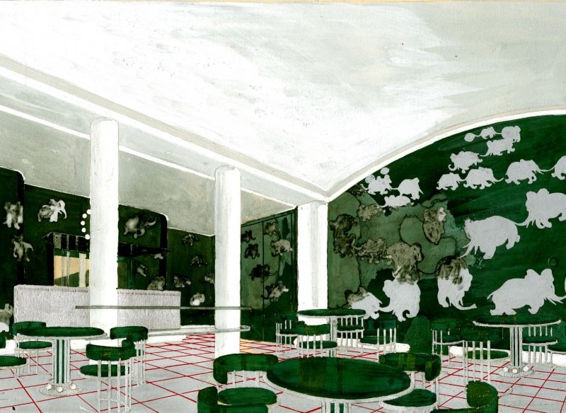 Gouache représentant une salle à manger pour enfants avec des meubles et des murs verts recouverts de Babar et autres éléphants pour le paquebot Normandie (1935).