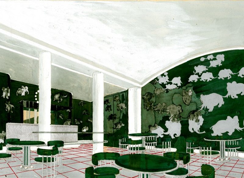 Décorateur : Jean Philippot. Collection Saint-Nazaire Agglomération Tourisme – Écomusée Gouache représentant une salle à manger pour enfants avec des meubles et des murs verts recouverts de Babar et autres éléphants pour le paquebot Normandie (1935).