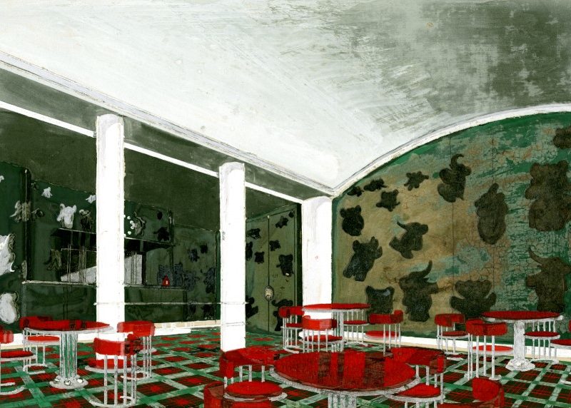 Gouache représentant une salle à manger pour enfants avec des meubles rouges et des murs verts recouverts de Babar et autres éléphants pour le paquebot Normandie (1935).