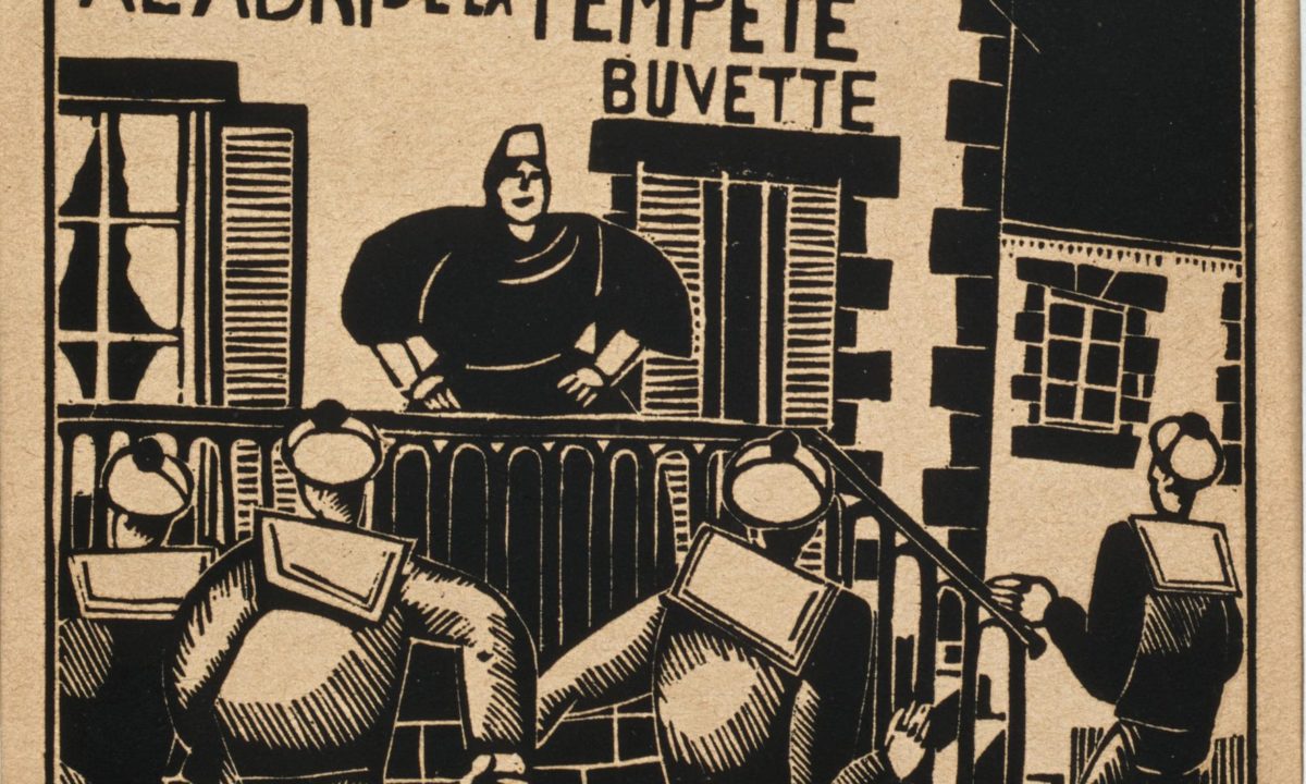 Gravure sur bois représentant quatre marins devant le café "À l'abri de la tempête"