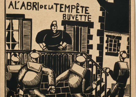 Artiste : Jean-Émile Laboureur. Éditeur : François Bernouard. Collection Saint-Nazaire Agglomération Tourisme – Écomusée Gravure sur bois représentant quatre marins devant le café "À l'abri de la tempête"