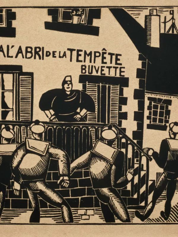 Artiste : Jean-Émile Laboureur. Éditeur : François Bernouard. Collection Saint-Nazaire Agglomération Tourisme – Écomusée Gravure sur bois représentant quatre marins devant le café "À l'abri de la tempête"