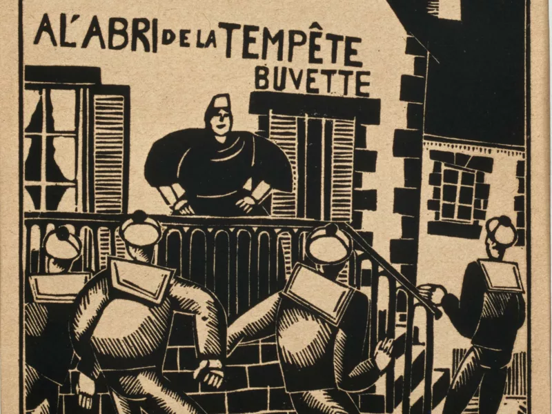 Gravure sur bois représentant quatre marins devant le café "À l'abri de la tempête"