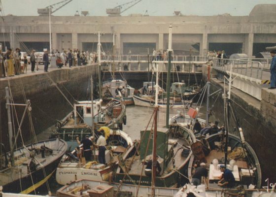 Carte postale couleur représentant une foule assistant à l’éclusage des navires de pêche dans l’entrée Est.