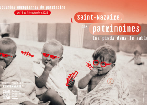 Affiche des Journées européennes du patrimoine à Saint-Nazaire représentant trois bébés dans le sable.