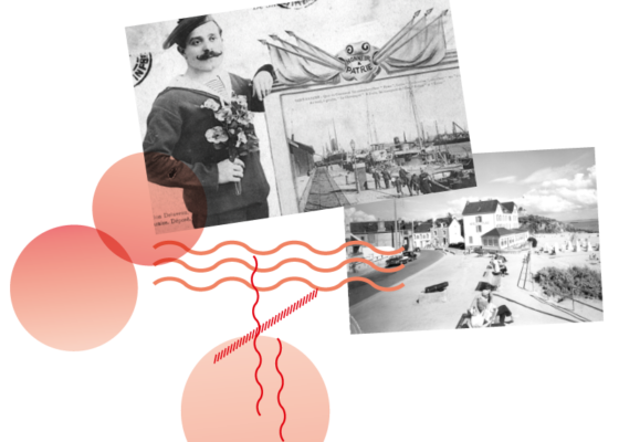 Création graphique : Maelwenn Leduc. Photographes inconnus. Éditeur : Delaveau / Éditeur : Artaud Père et Fils. Collection Saint-Nazaire Agglomération Tourisme - Écomusée. Montage de deux cartes postales, l'une représentant un marin posant à côté d'une vue du port et l'autre représentant le bourg de Saint-Marc-sur-Mer.