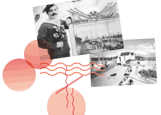 Montage de deux cartes postales, l'une représentant un marin posant à côté d'une vue du port et l'autre représentant le bourg de Saint-Marc-sur-Mer.